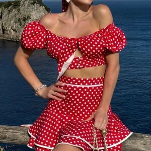Red Polka Dot Blouse Skirt Set Matching Ruffle Mini Crop Top Tie Front Outfit